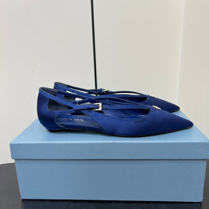 PRADA CUT-OUT BALLERINA FLAT IN NAVY BLUE SATIN ATTACHED BEAD BUCKLE