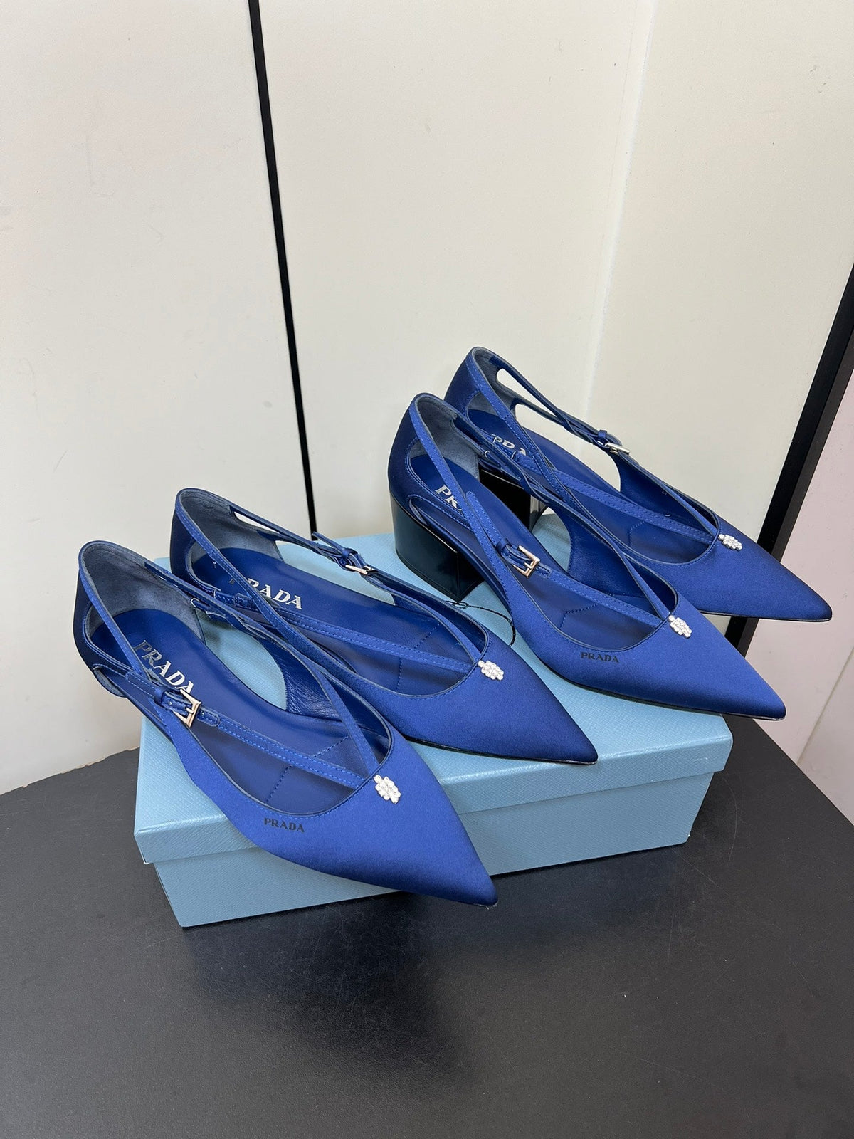 PRADA CUT-OUT BALLERINA FLAT IN NAVY BLUE SATIN ATTACHED BEAD BUCKLE