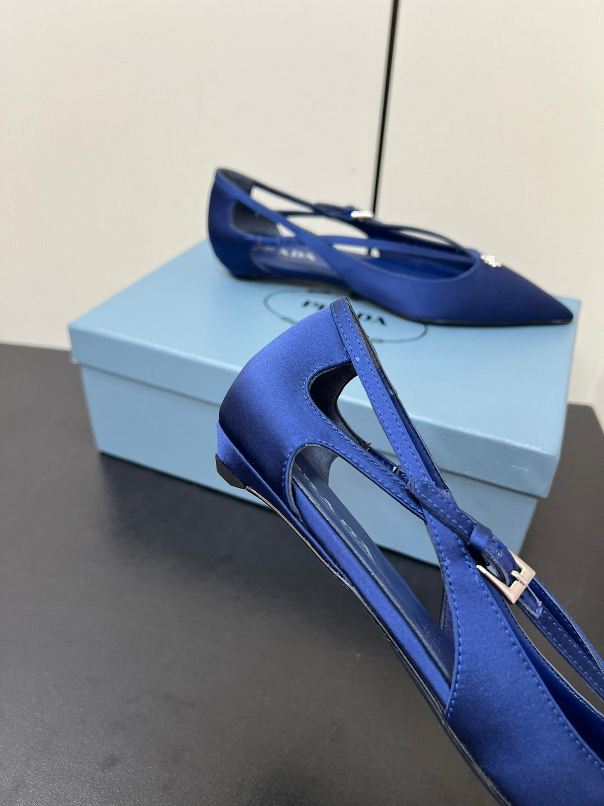 PRADA CUT-OUT BALLERINA FLAT IN NAVY BLUE SATIN ATTACHED BEAD BUCKLE
