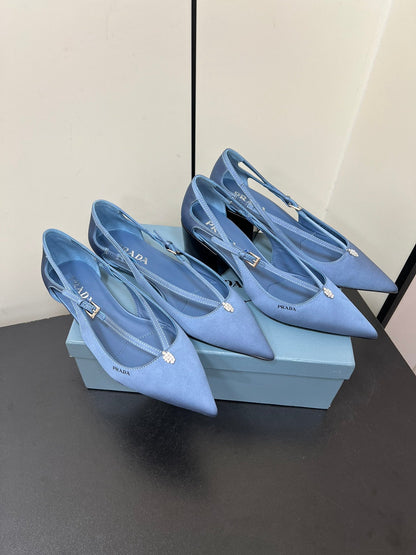 PRADA CUT-OUT BALLERINA FLAT IN PERANO BLUE SATIN ATTACHED BEAD BUCKLE