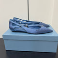 PRADA CUT-OUT BALLERINA FLAT IN PERANO BLUE SATIN ATTACHED BEAD BUCKLE