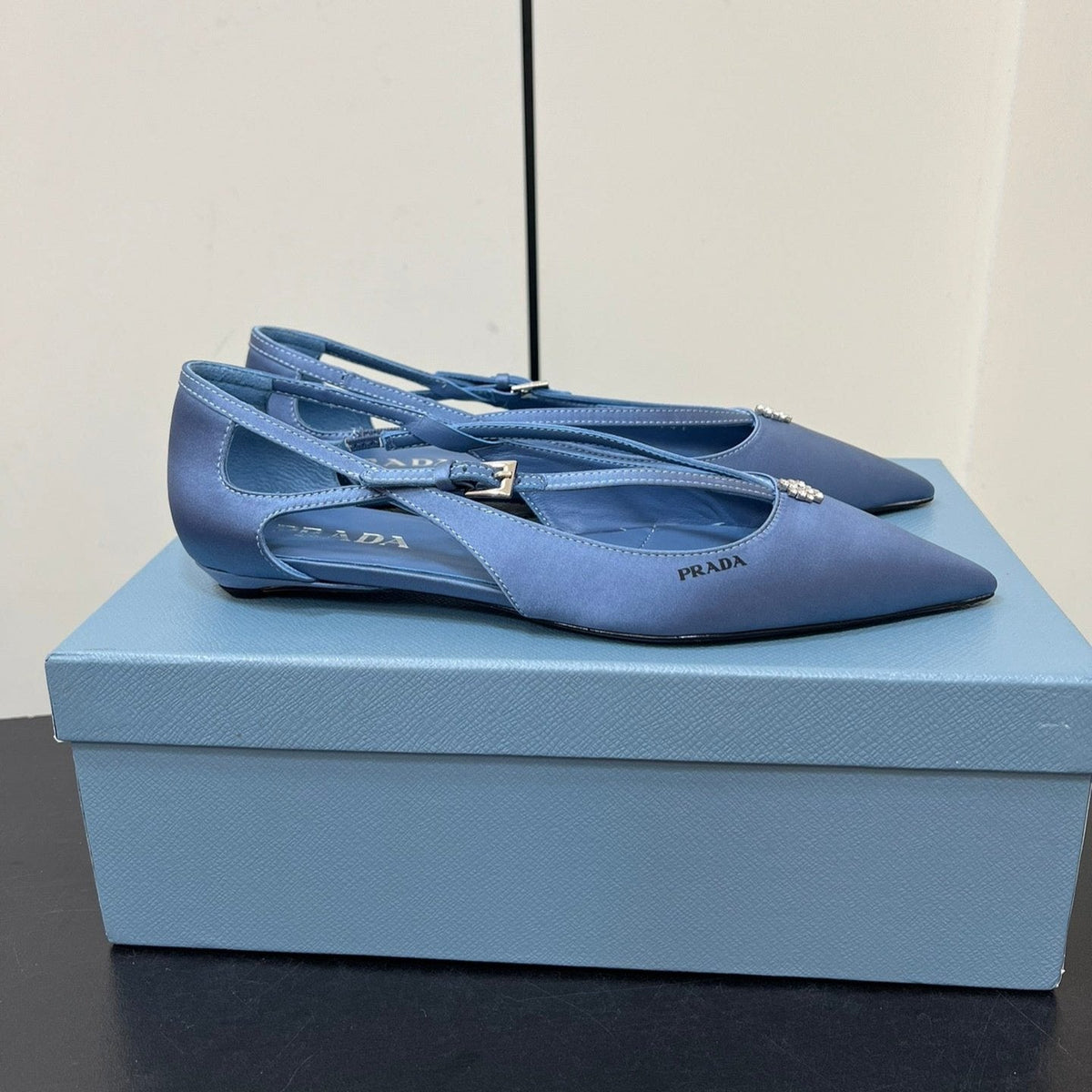 PRADA CUT-OUT BALLERINA FLAT IN PERANO BLUE SATIN ATTACHED BEAD BUCKLE