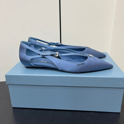 PRADA CUT-OUT BALLERINA FLAT IN PERANO BLUE SATIN ATTACHED BEAD BUCKLE