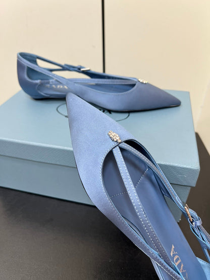 PRADA CUT-OUT BALLERINA FLAT IN PERANO BLUE SATIN ATTACHED BEAD BUCKLE