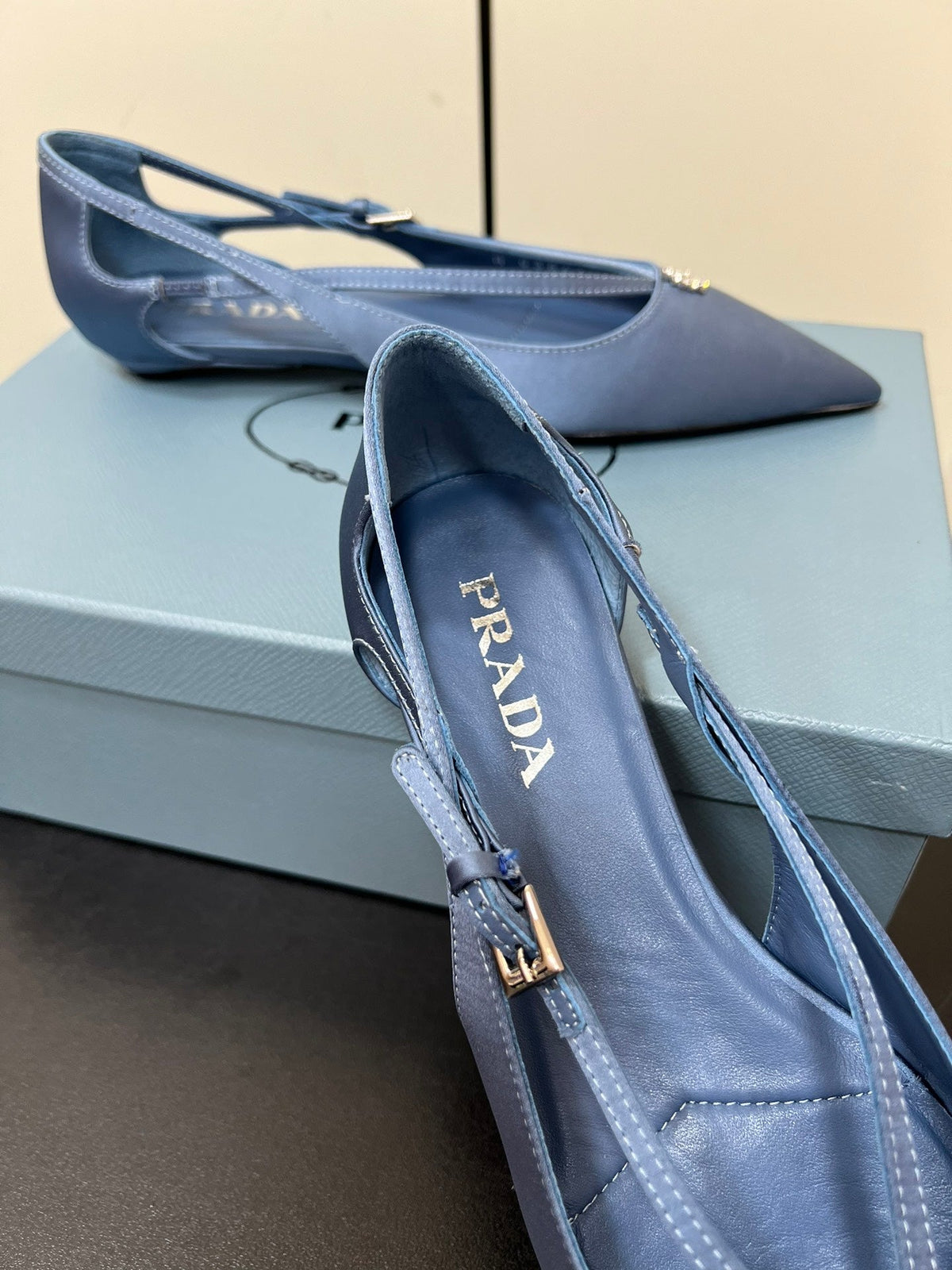 PRADA CUT-OUT BALLERINA FLAT IN PERANO BLUE SATIN ATTACHED BEAD BUCKLE