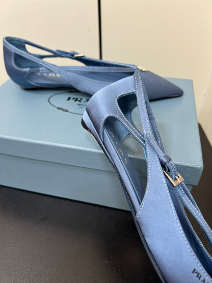 PRADA CUT-OUT BALLERINA FLAT IN PERANO BLUE SATIN ATTACHED BEAD BUCKLE