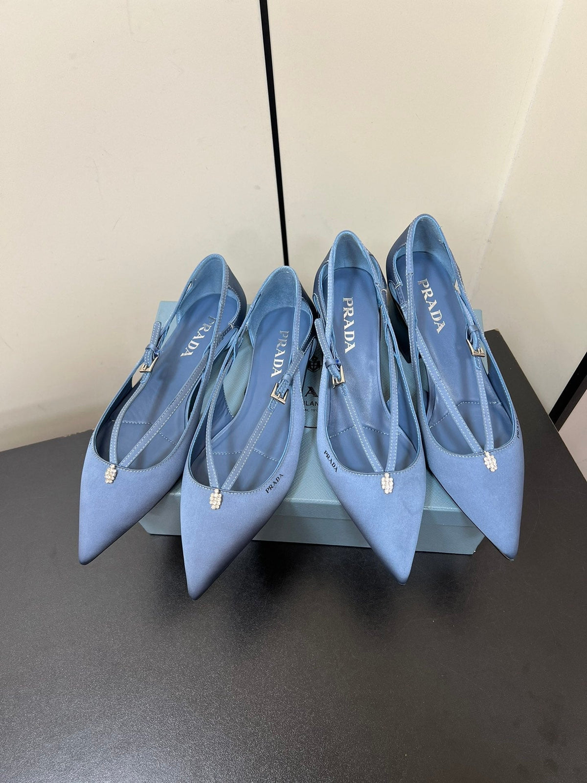 PRADA CUT-OUT BALLERINA FLAT IN PERANO BLUE SATIN ATTACHED BEAD BUCKLE