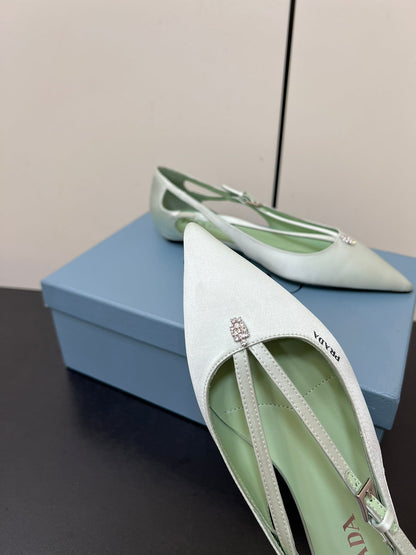 PRADA CUT-OUT BALLERINA FLAT IN CHETWODE GREEN SATIN ATTACHED BEAD BUCKLE