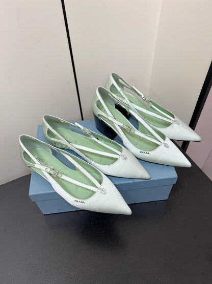 PRADA CUT-OUT BALLERINA FLAT IN CHETWODE GREEN SATIN ATTACHED BEAD BUCKLE