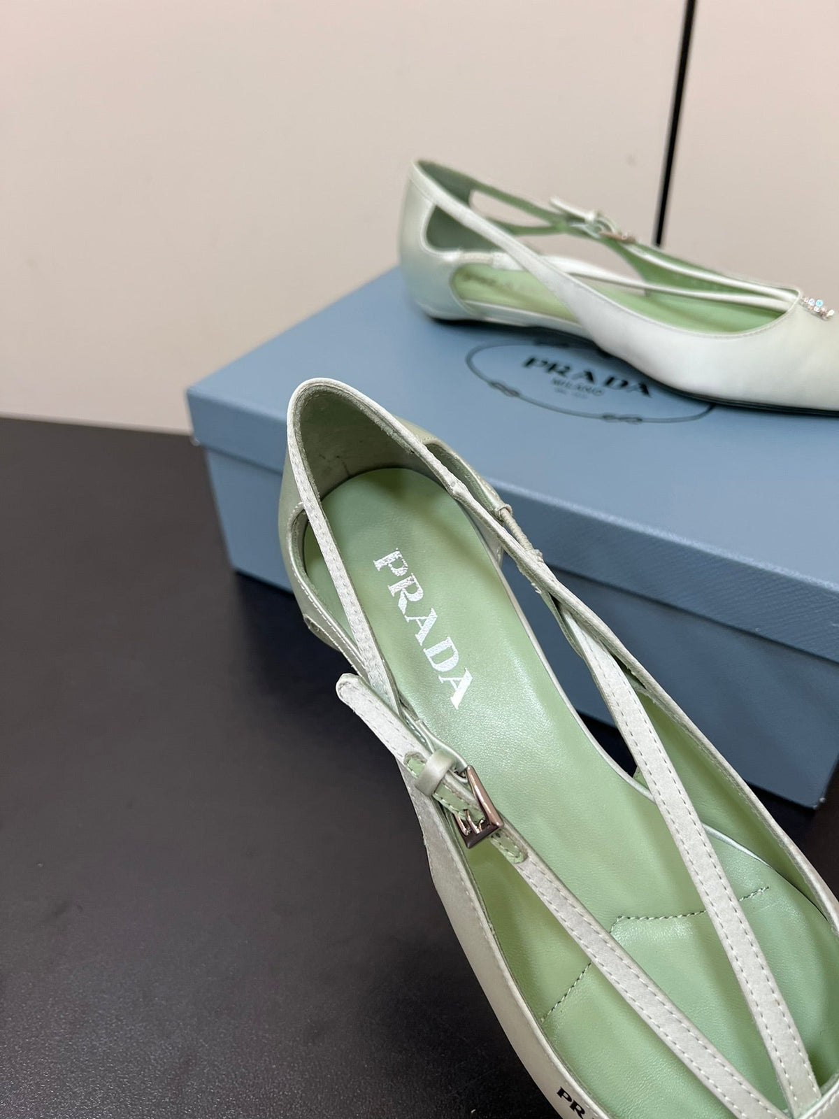 PRADA CUT-OUT BALLERINA FLAT IN CHETWODE GREEN SATIN ATTACHED BEAD BUCKLE