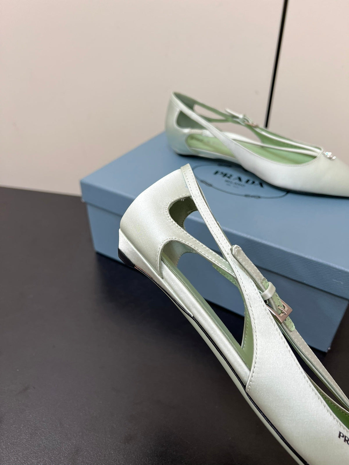 PRADA CUT-OUT BALLERINA FLAT IN CHETWODE GREEN SATIN ATTACHED BEAD BUCKLE