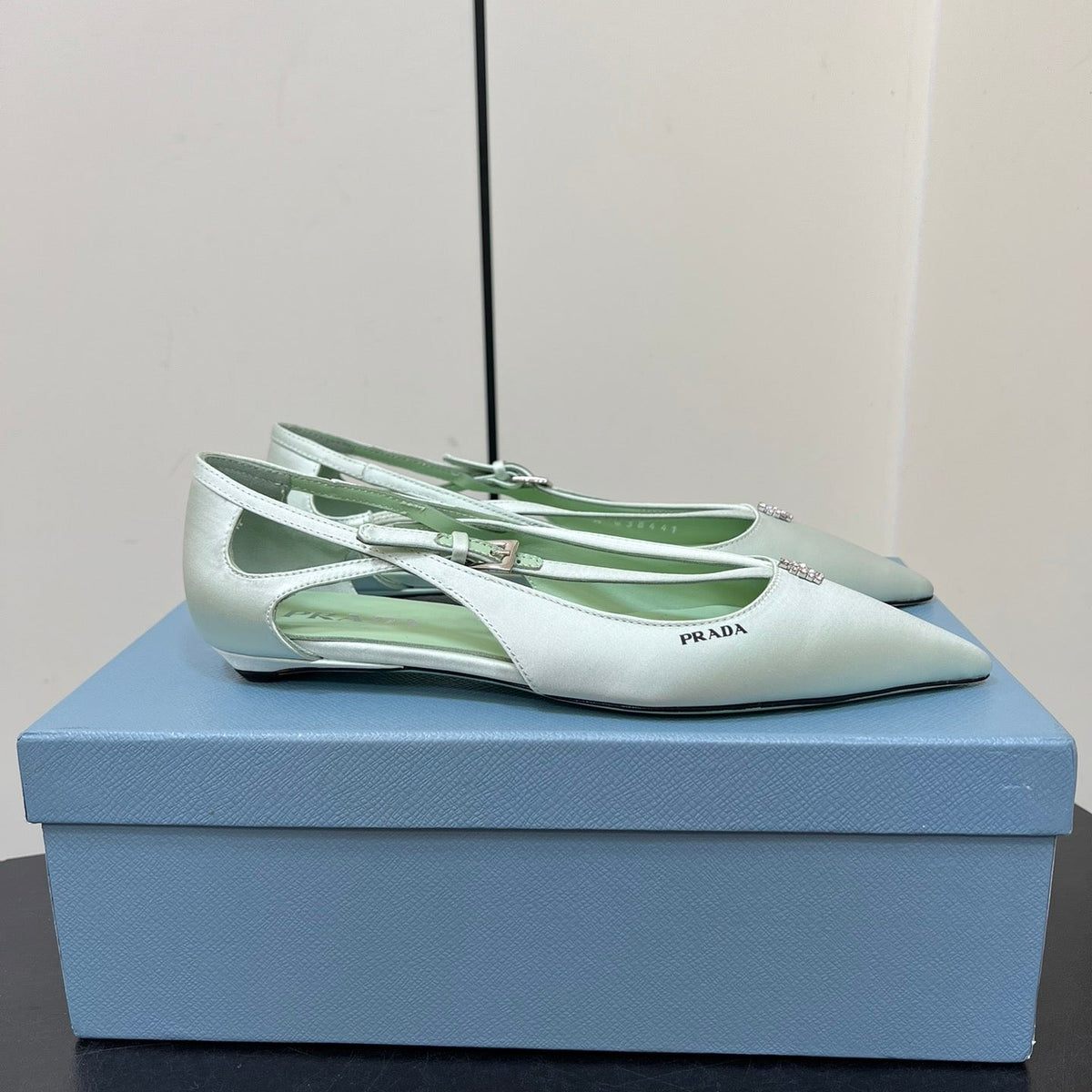 PRADA CUT-OUT BALLERINA FLAT IN CHETWODE GREEN SATIN ATTACHED BEAD BUCKLE