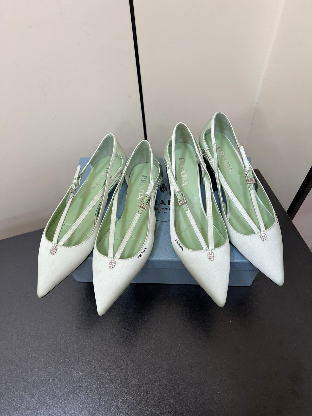 PRADA CUT-OUT BALLERINA FLAT IN CHETWODE GREEN SATIN ATTACHED BEAD BUCKLE
