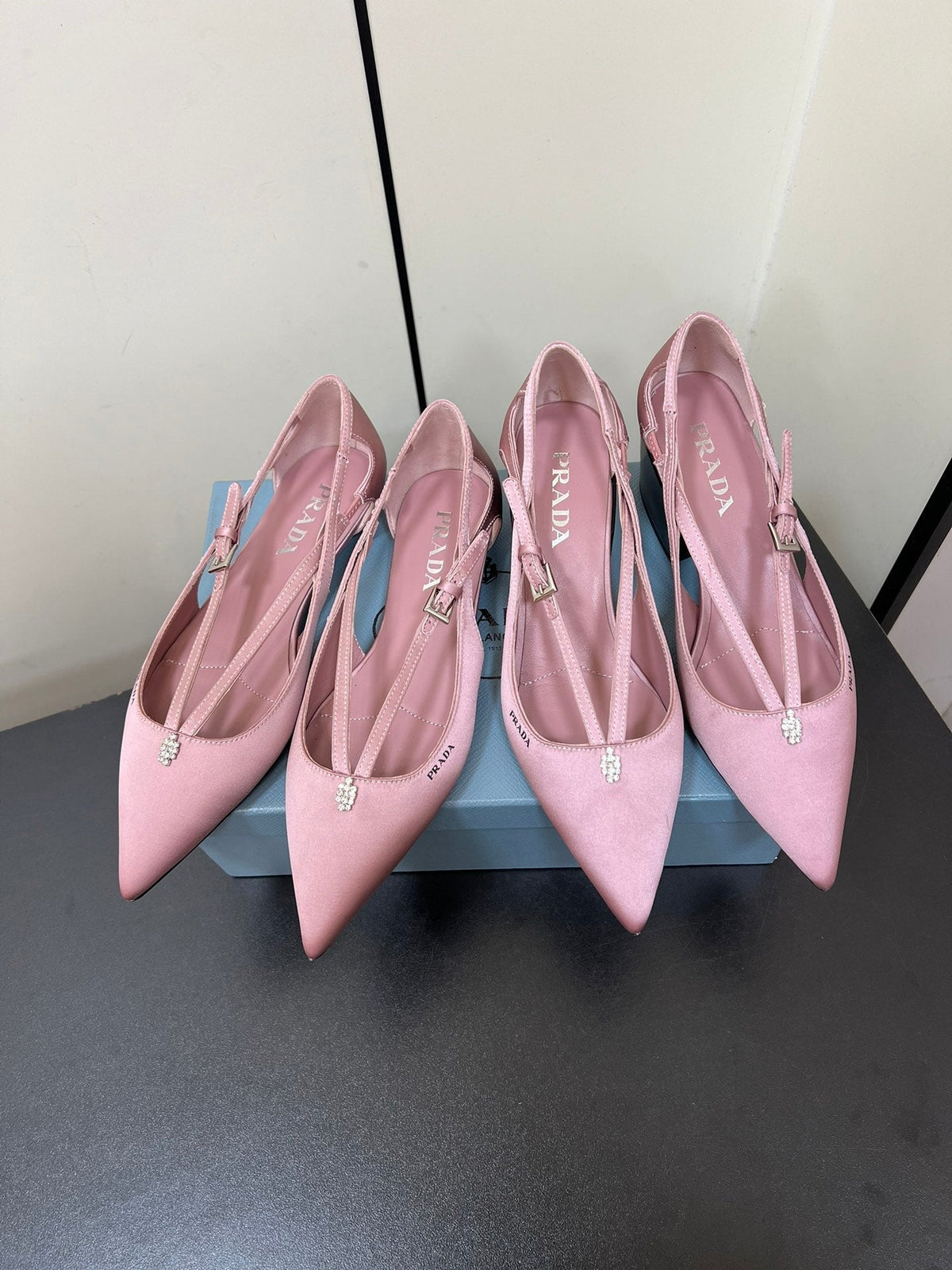 PRADA CUT-OUT BALLERINA FLAT IN BABY PINK SATIN ATTACHED BEAD BUCKLE