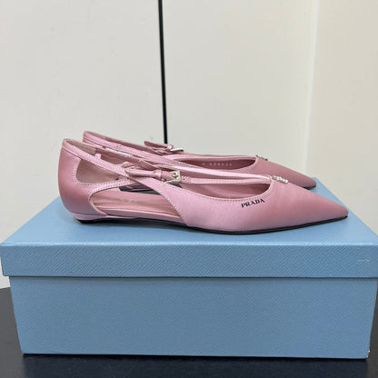 PRADA CUT-OUT BALLERINA FLAT IN BABY PINK SATIN ATTACHED BEAD BUCKLE