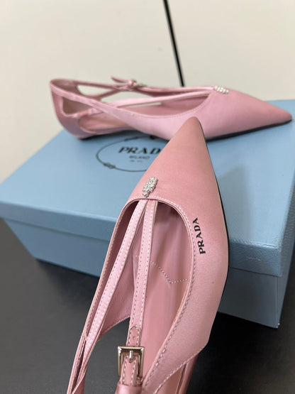 PRADA CUT-OUT BALLERINA FLAT IN BABY PINK SATIN ATTACHED BEAD BUCKLE