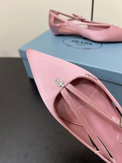 PRADA CUT-OUT BALLERINA FLAT IN BABY PINK SATIN ATTACHED BEAD BUCKLE