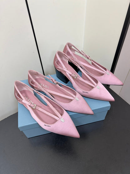 PRADA CUT-OUT BALLERINA FLAT IN BABY PINK SATIN ATTACHED BEAD BUCKLE