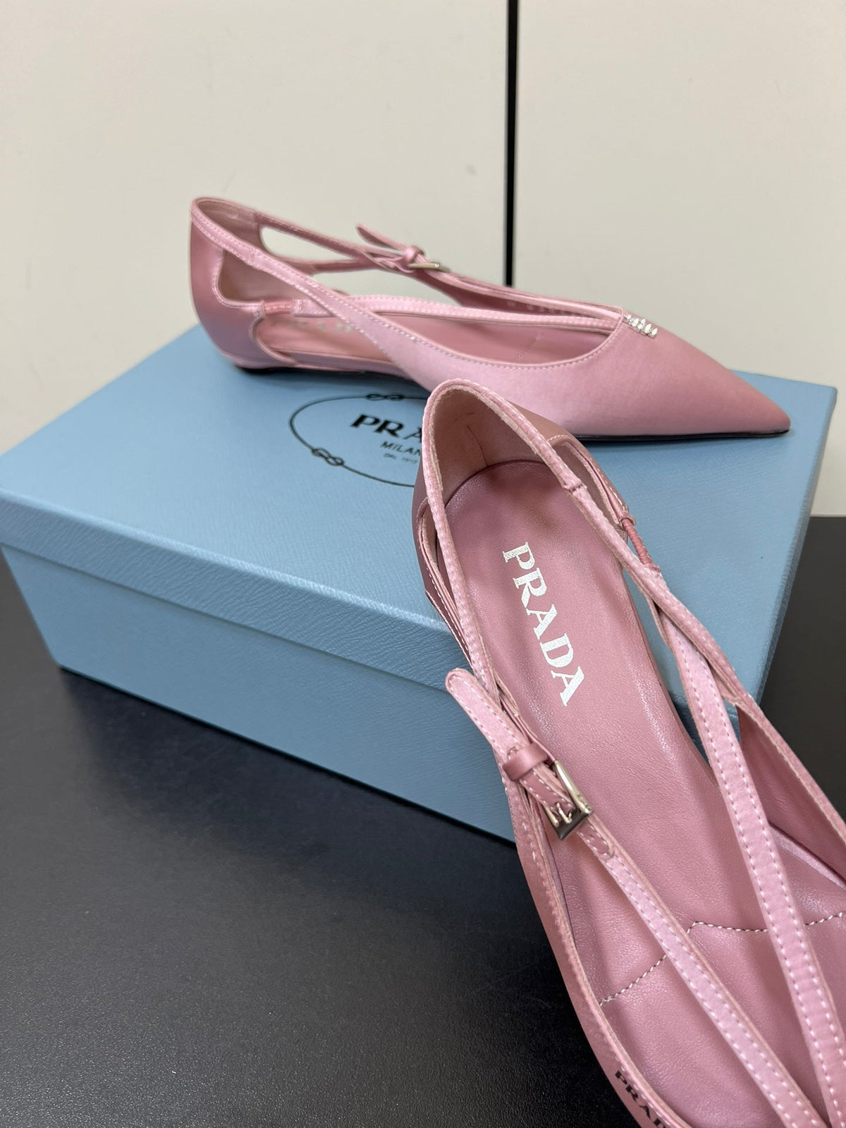 PRADA CUT-OUT BALLERINA FLAT IN BABY PINK SATIN ATTACHED BEAD BUCKLE