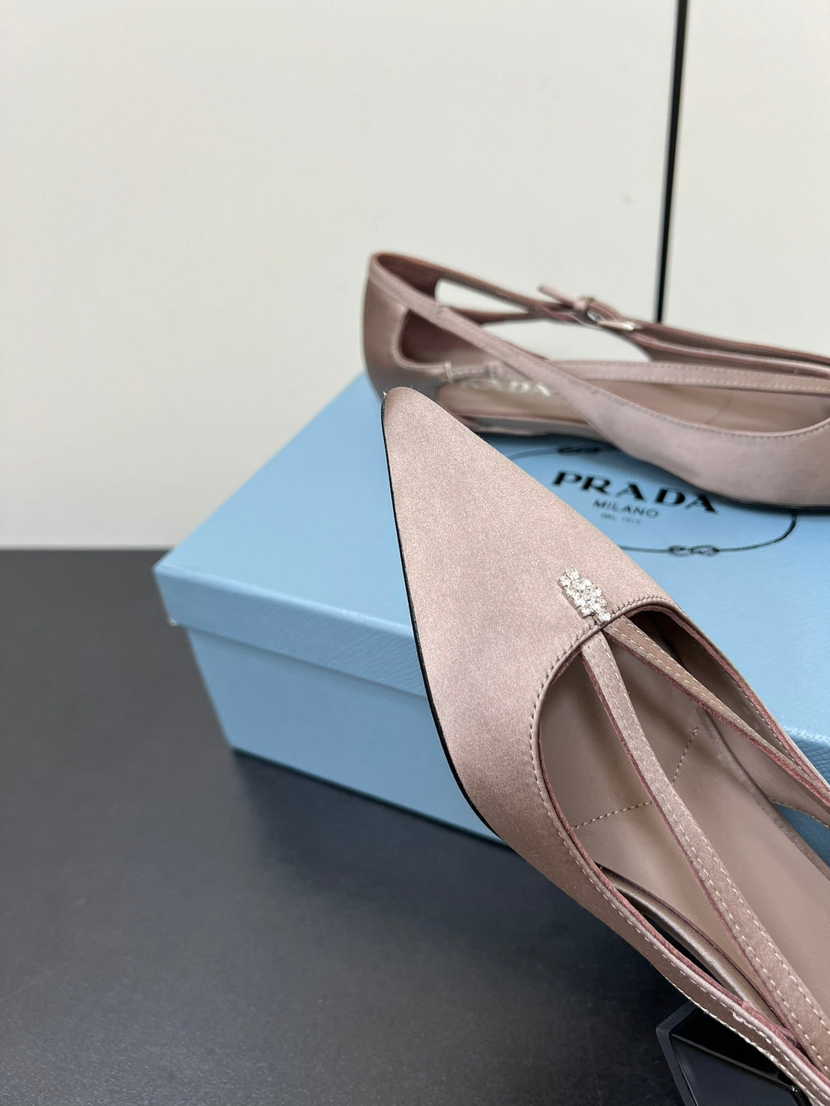 PRADA CUT-OUT BALLERINA FLAT IN HAZELNUT BEIGE SATIN ATTACHED BEAD BUCKLE