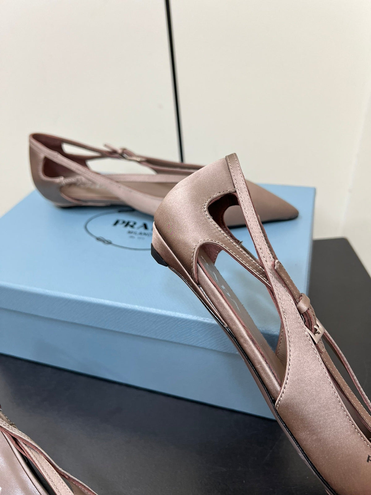 PRADA CUT-OUT BALLERINA FLAT IN HAZELNUT BEIGE SATIN ATTACHED BEAD BUCKLE