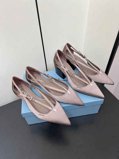 PRADA CUT-OUT BALLERINA FLAT IN HAZELNUT BEIGE SATIN ATTACHED BEAD BUCKLE