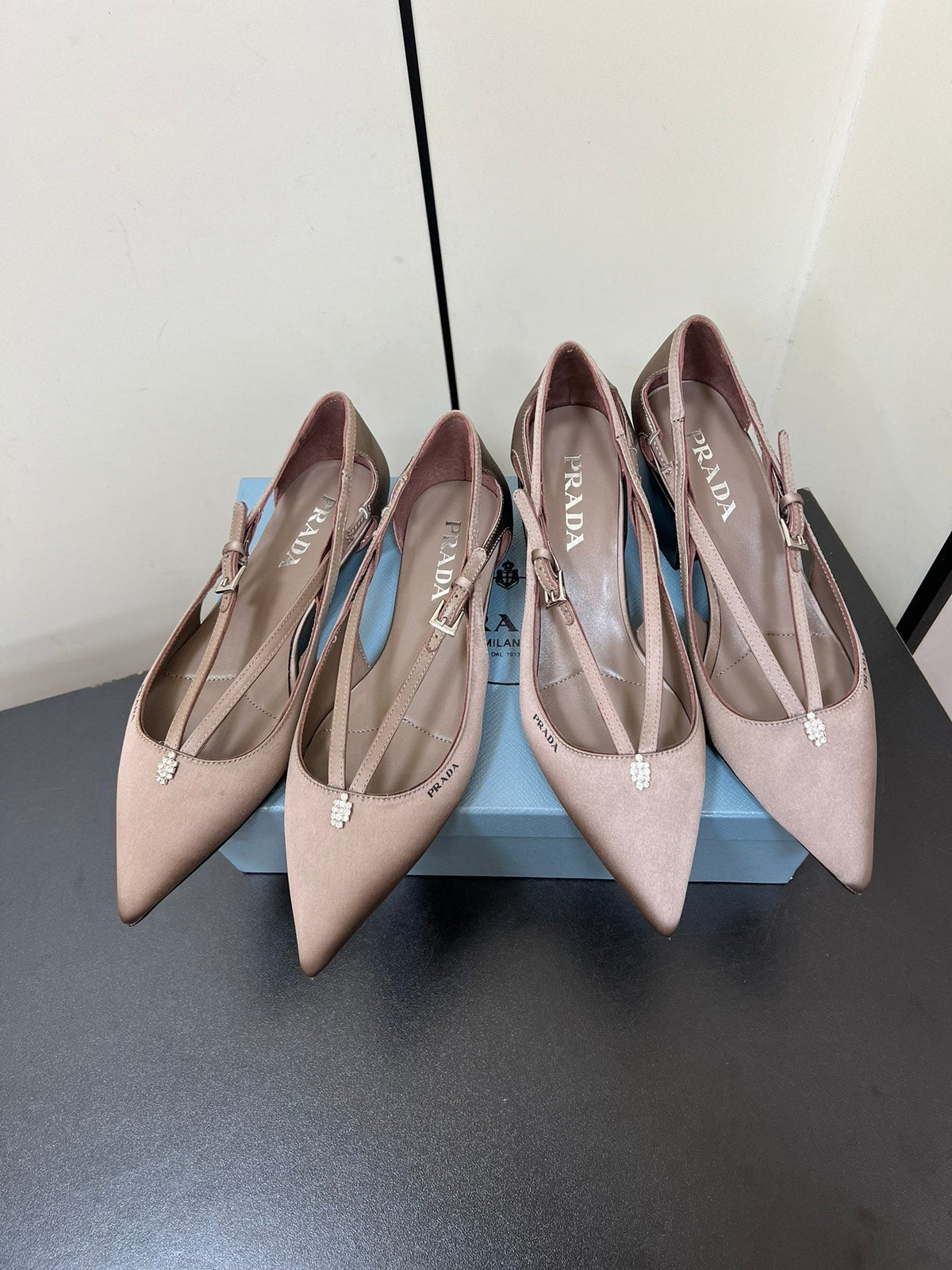 PRADA CUT-OUT BALLERINA FLAT IN HAZELNUT BEIGE SATIN ATTACHED BEAD BUCKLE