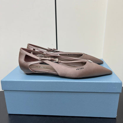 PRADA CUT-OUT BALLERINA FLAT IN HAZELNUT BEIGE SATIN ATTACHED BEAD BUCKLE