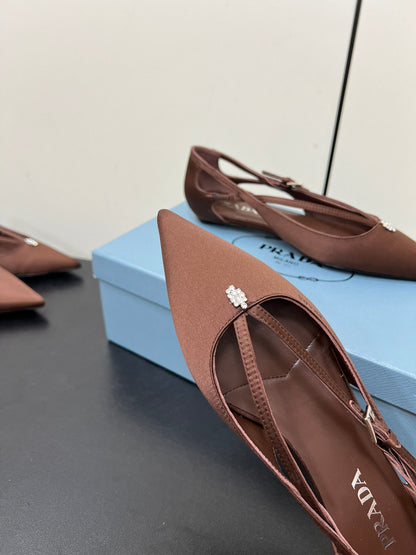 PRADA CUT-OUT BALLERINA FLAT IN CHOCOLATE BROWN SATIN ATTACHED BEAD BUCKLE
