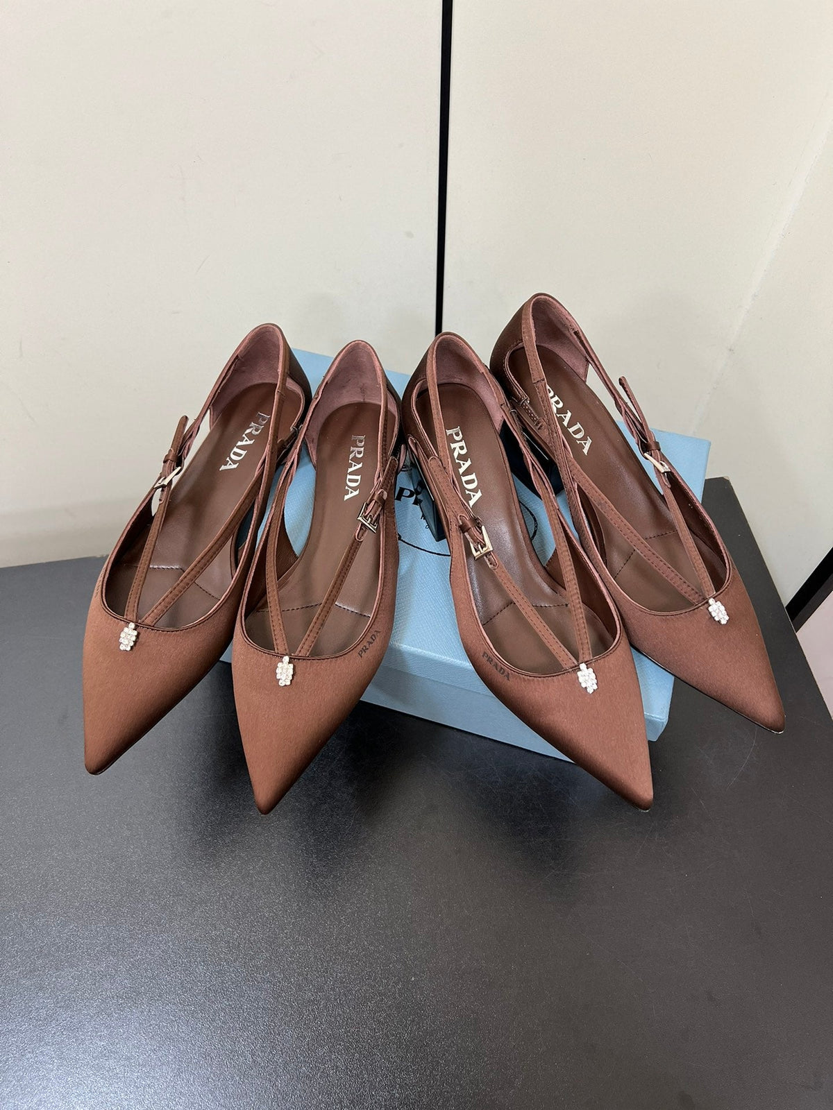 PRADA CUT-OUT BALLERINA FLAT IN CHOCOLATE BROWN SATIN ATTACHED BEAD BUCKLE