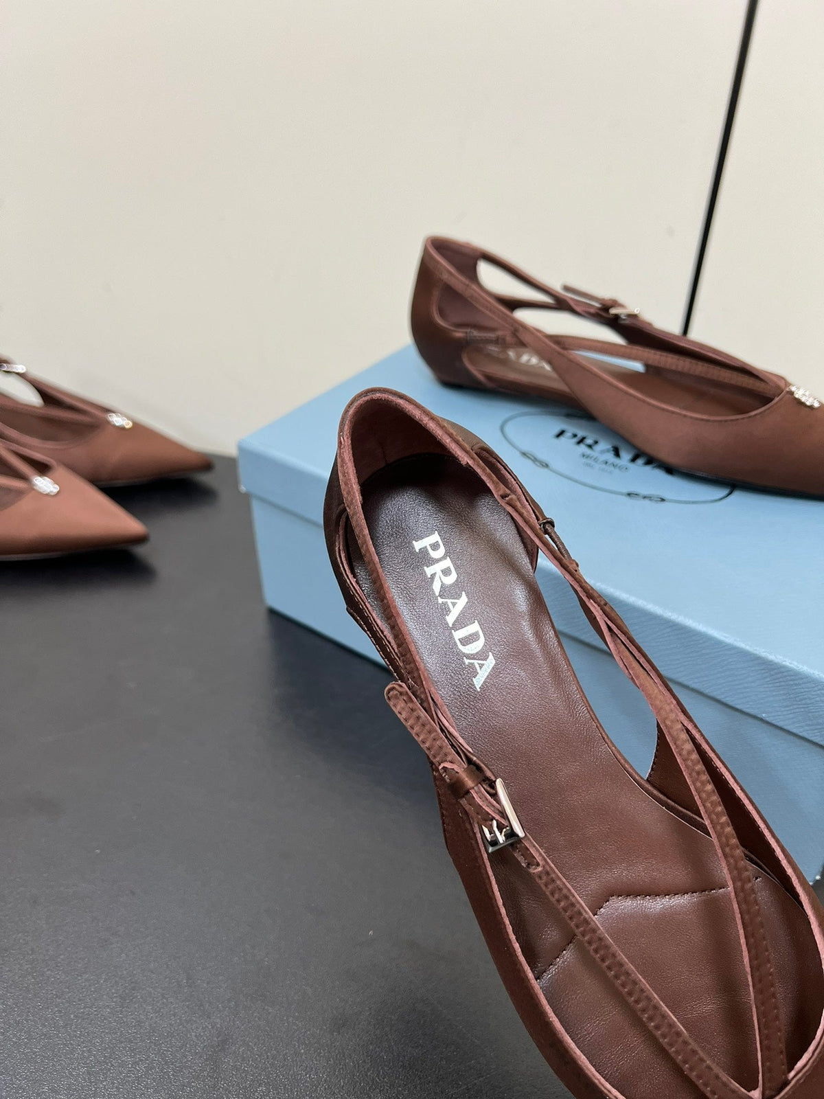 PRADA CUT-OUT BALLERINA FLAT IN CHOCOLATE BROWN SATIN ATTACHED BEAD BUCKLE