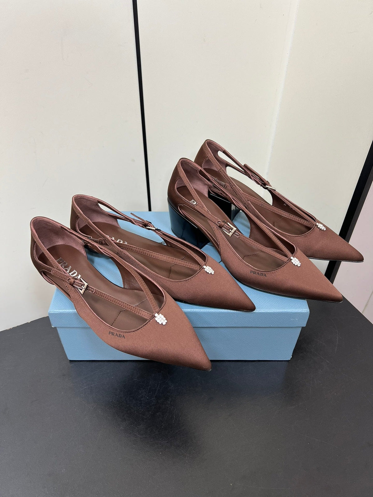 PRADA CUT-OUT BALLERINA FLAT IN CHOCOLATE BROWN SATIN ATTACHED BEAD BUCKLE