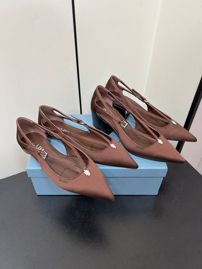 PRADA CUT-OUT BALLERINA FLAT IN CHOCOLATE BROWN SATIN ATTACHED BEAD BUCKLE