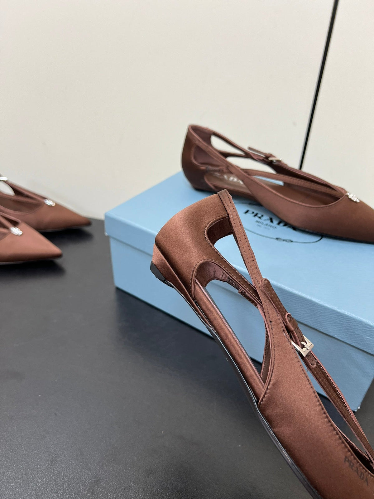 PRADA CUT-OUT BALLERINA FLAT IN CHOCOLATE BROWN SATIN ATTACHED BEAD BUCKLE