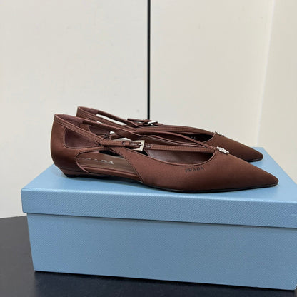 PRADA CUT-OUT BALLERINA FLAT IN CHOCOLATE BROWN SATIN ATTACHED BEAD BUCKLE