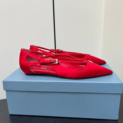 PRADA CUT-OUT BALLERINA FLAT IN CLASSIC RED SATIN ATTACHED BEAD BUCKLE