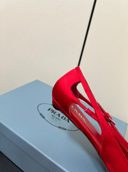 PRADA CUT-OUT BALLERINA FLAT IN CLASSIC RED SATIN ATTACHED BEAD BUCKLE