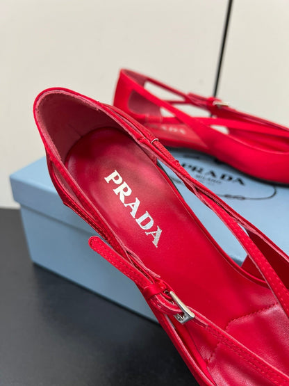 PRADA CUT-OUT BALLERINA FLAT IN CLASSIC RED SATIN ATTACHED BEAD BUCKLE