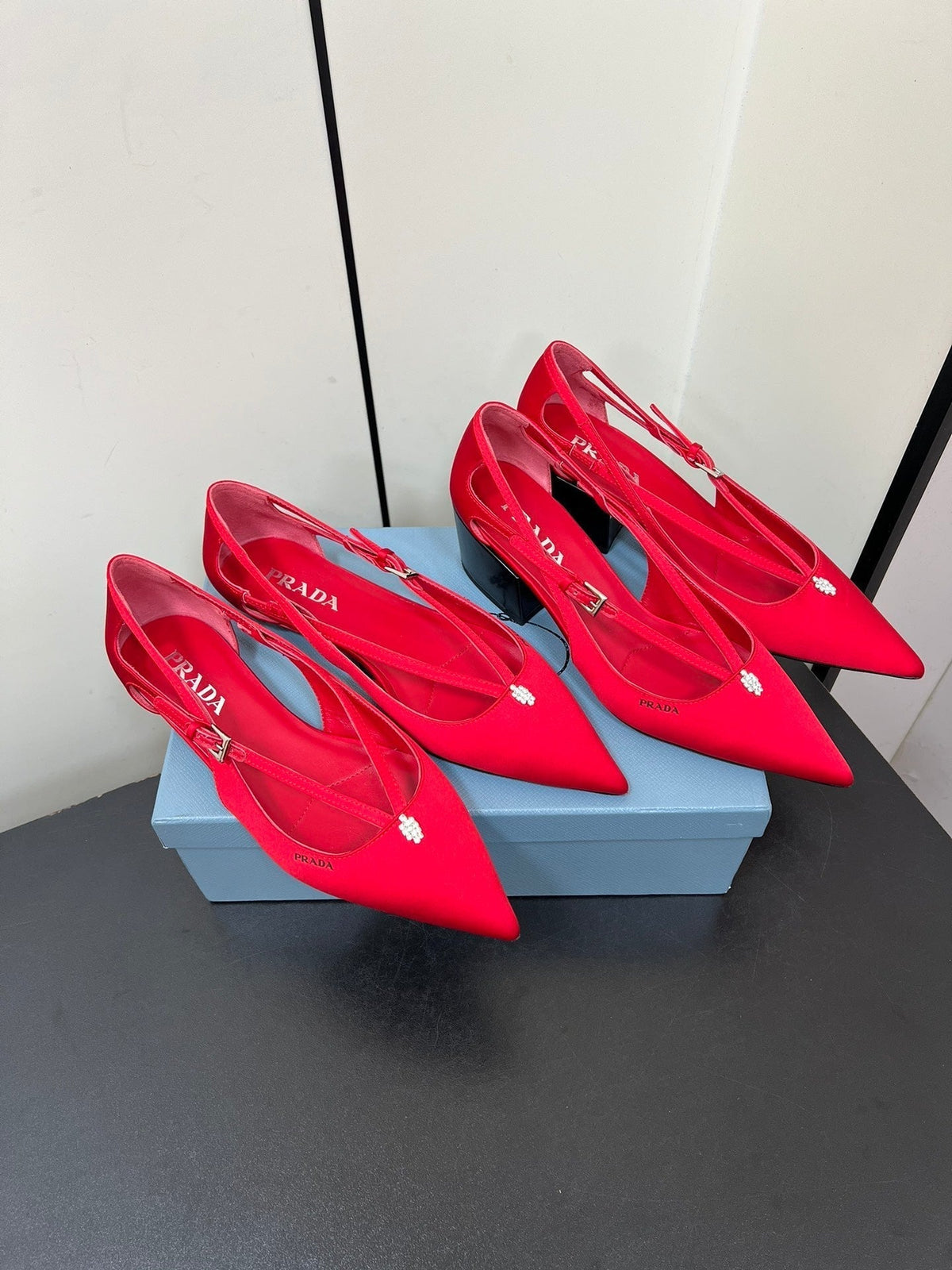 PRADA CUT-OUT BALLERINA FLAT IN CLASSIC RED SATIN ATTACHED BEAD BUCKLE
