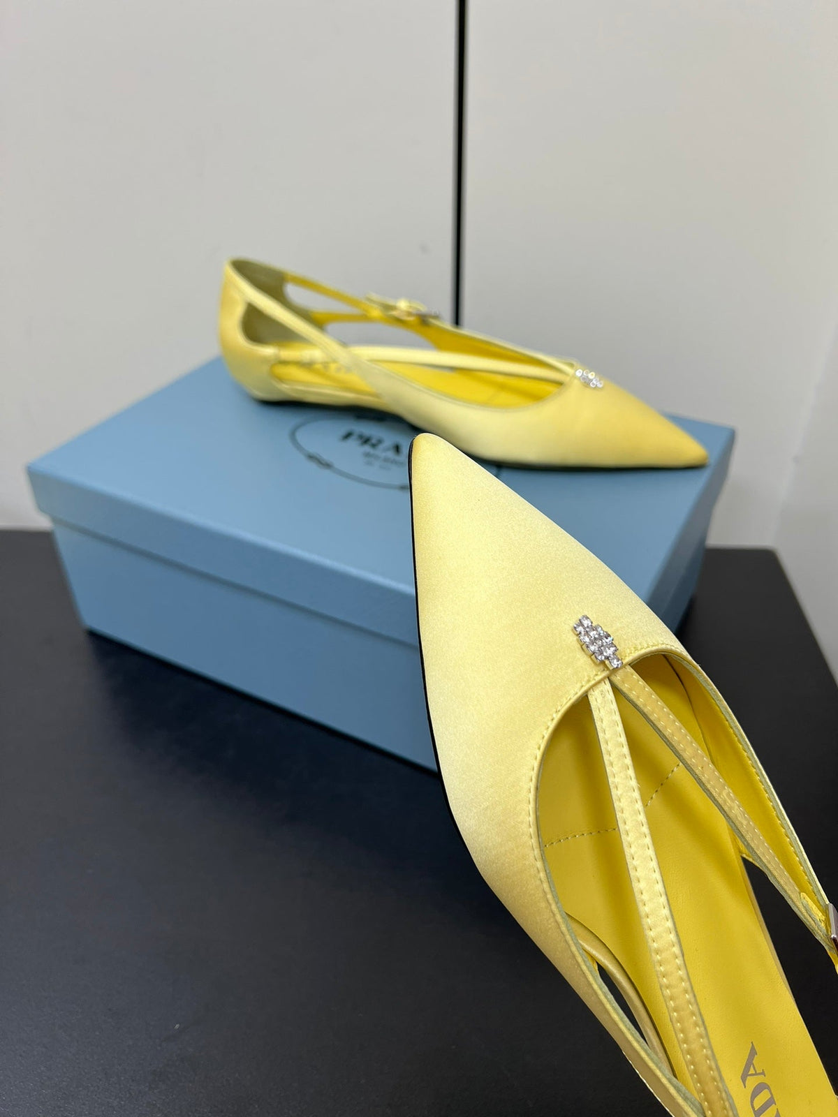 PRADA CUT-OUT BALLERINA FLAT IN LIGHT YELLOW SATIN ATTACHED BEAD BUCKLE