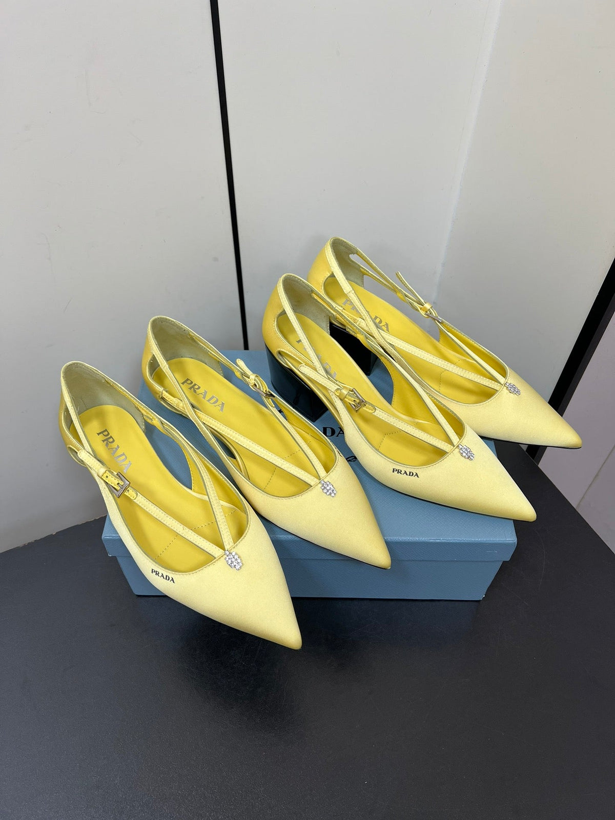 PRADA CUT-OUT BALLERINA FLAT IN LIGHT YELLOW SATIN ATTACHED BEAD BUCKLE