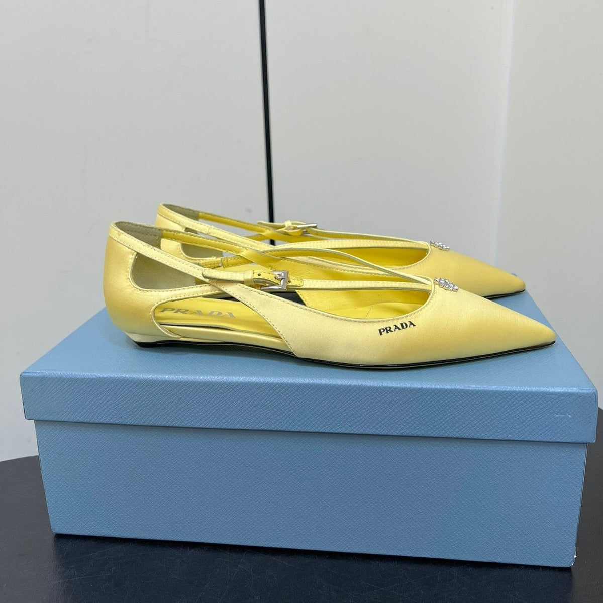 PRADA CUT-OUT BALLERINA FLAT IN LIGHT YELLOW SATIN ATTACHED BEAD BUCKLE