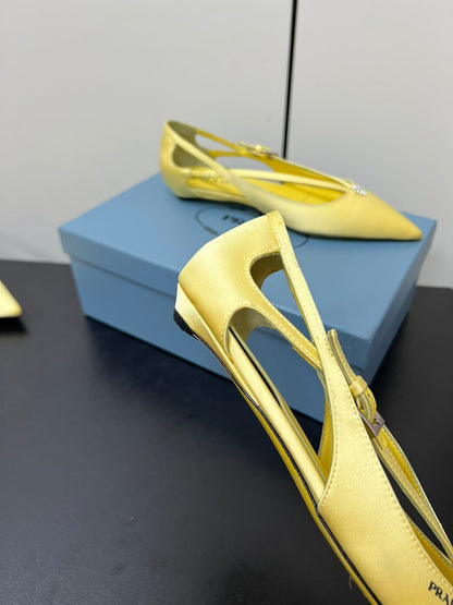 PRADA CUT-OUT BALLERINA FLAT IN LIGHT YELLOW SATIN ATTACHED BEAD BUCKLE