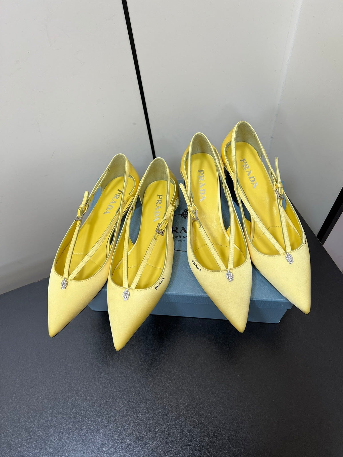 PRADA CUT-OUT BALLERINA FLAT IN LIGHT YELLOW SATIN ATTACHED BEAD BUCKLE