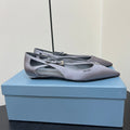 PRADA CUT-OUT BALLERINA FLAT IN WARM GRAY SATIN ATTACHED BEAD BUCKLE