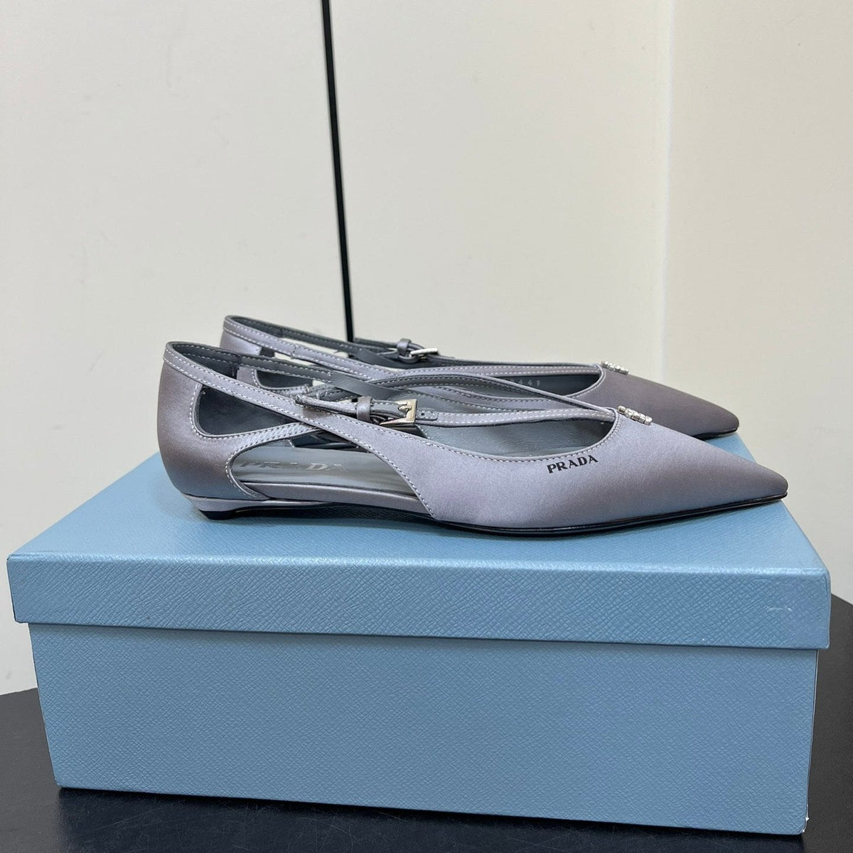 PRADA CUT-OUT BALLERINA FLAT IN WARM GRAY SATIN ATTACHED BEAD BUCKLE