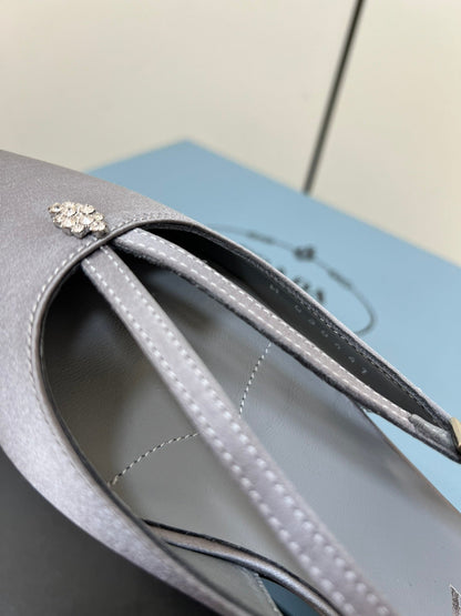 PRADA CUT-OUT BALLERINA FLAT IN WARM GRAY SATIN ATTACHED BEAD BUCKLE