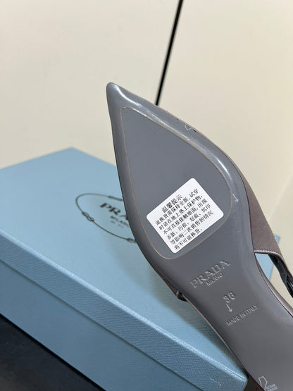 PRADA CUT-OUT BALLERINA FLAT IN WARM GRAY SATIN ATTACHED BEAD BUCKLE