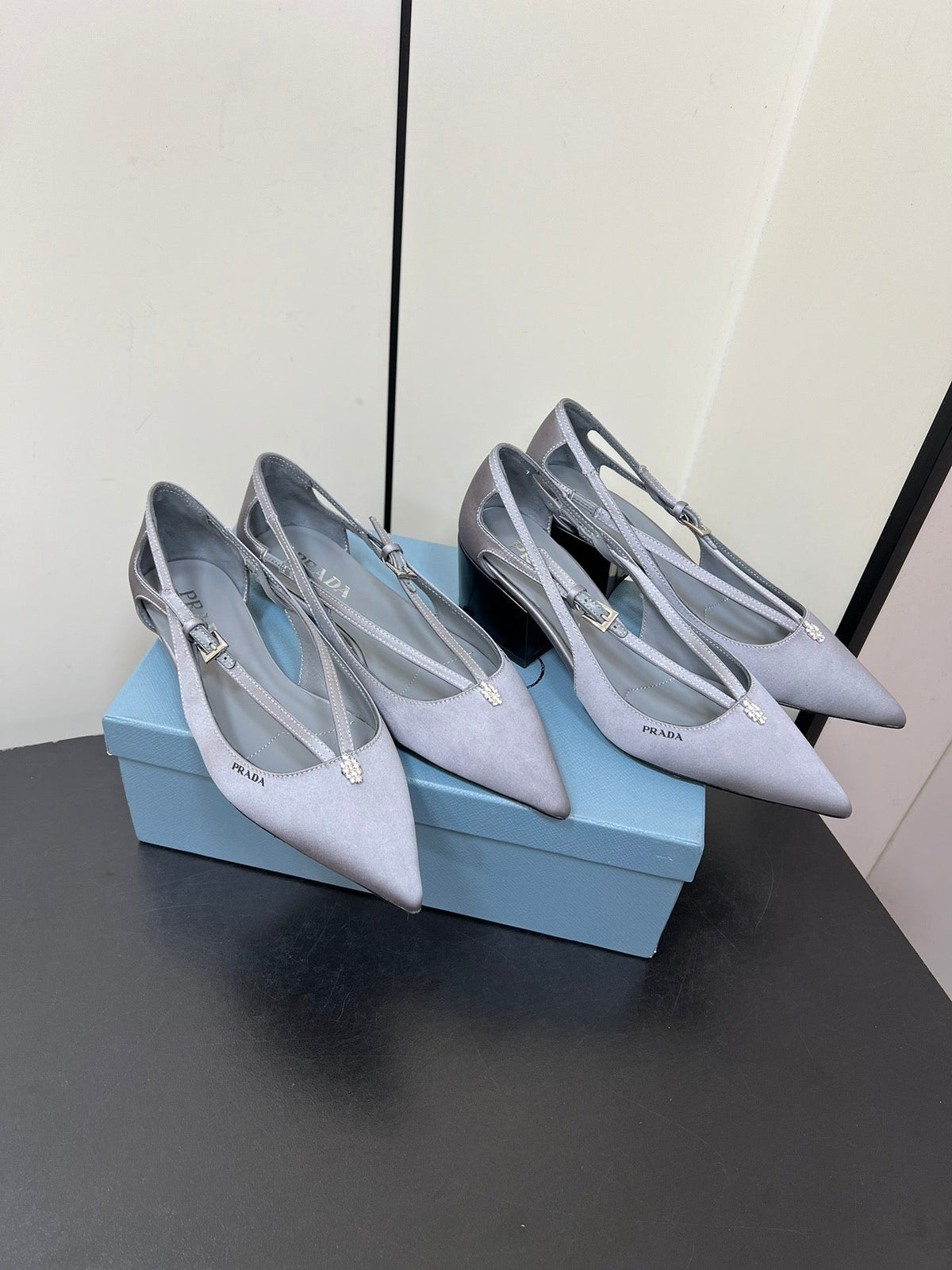 PRADA CUT-OUT BALLERINA FLAT IN WARM GRAY SATIN ATTACHED BEAD BUCKLE