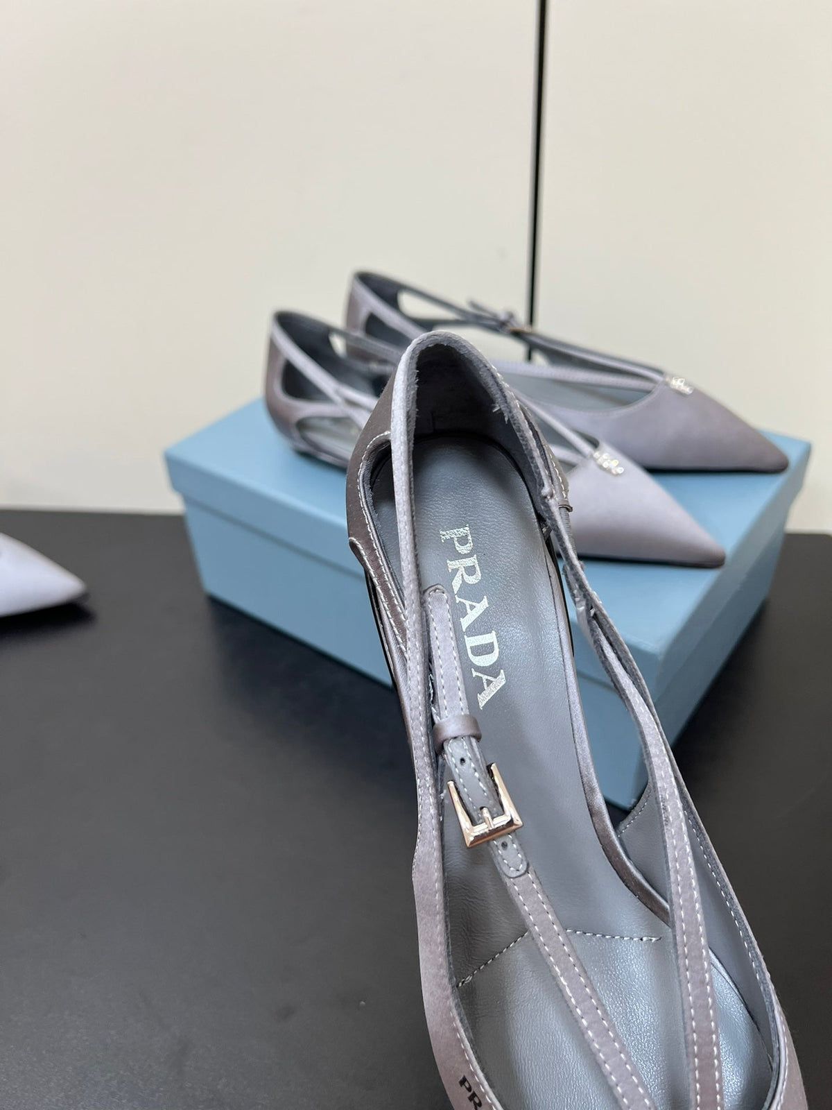 PRADA CUT-OUT BALLERINA FLAT IN WARM GRAY SATIN ATTACHED BEAD BUCKLE
